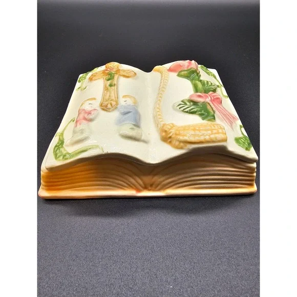 Vintage Ceramic Bible Trinket Box Praying Children Cross Rose Religious Keepsake - Picture 3 of 4